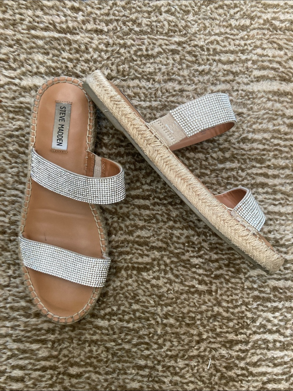 Steve Madden White Crystal Double-Strap Espadrille Slide Sandals 7.5